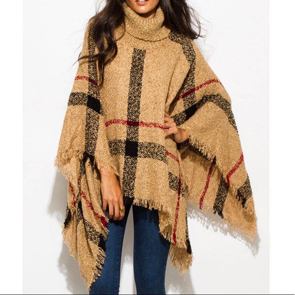 ❣️SALE❣️NEW!Fashion plaid poncho turtleneck in camel plaid - Picture 10 of 12